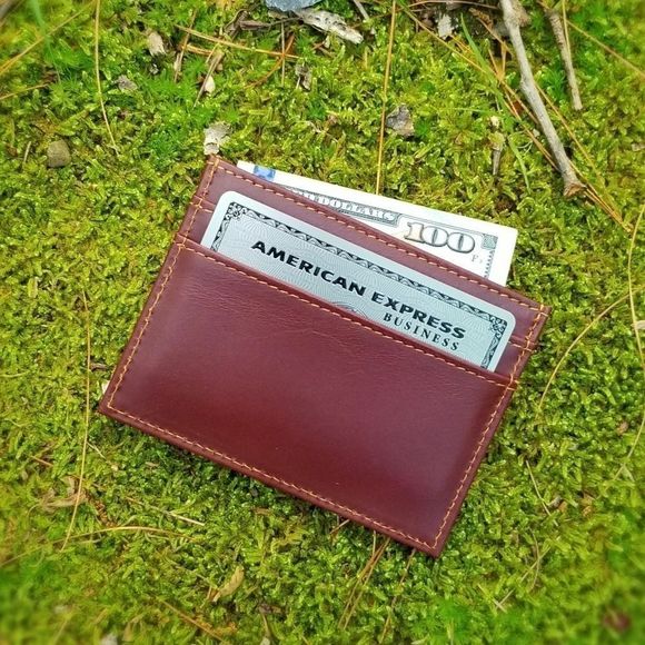 Men's Genuine Crazy Horse Leather Card Case Red - Picture 4 of 5